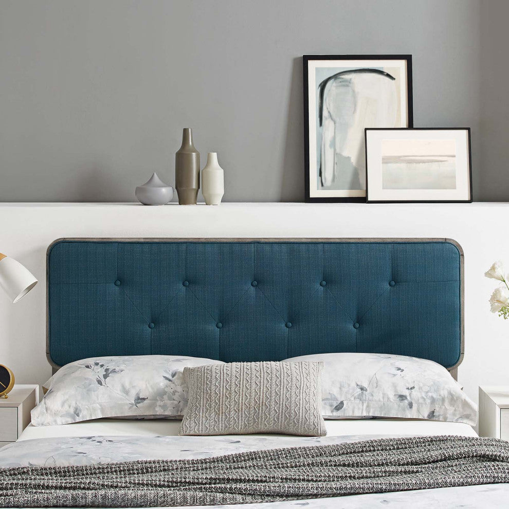 Tufted Headboard, Full Size, Wood, Fabric, Gray Navy Blue, Modern