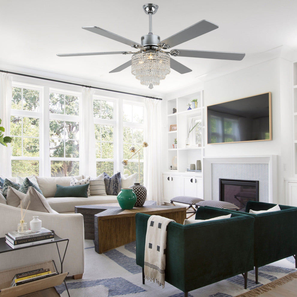 CurveCurio 65" Lagre Ceiling Fan w Crystal Light Shade and Wood Blades, Chrome