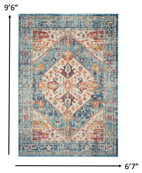 7 x 10 Ivory and Light Blue Distressed Area Rug