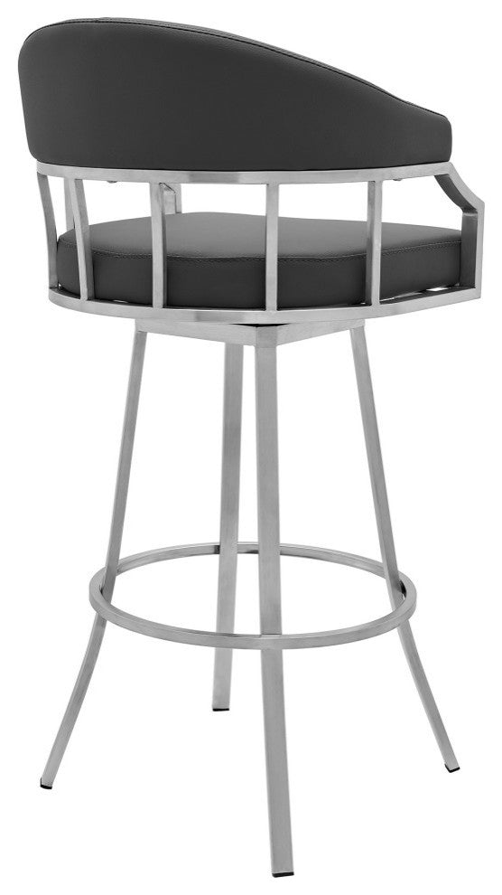 Palmdale Swivel Faux Leather Stool, Gray/Brushed Stainless Steel, 30" Bar Height