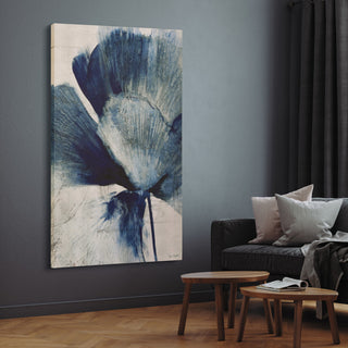 "Azure Bloom" Blue Flower Rendered on Gold Shagreen Wrapped Canvas Wall Art
