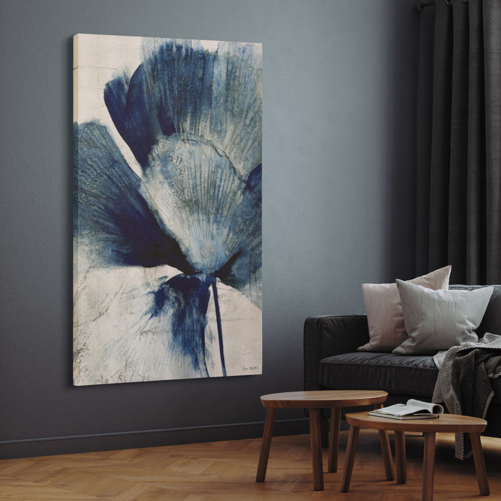 "Azure Bloom" Blue Flower Rendered on Gold Shagreen Wrapped Canvas Wall Art