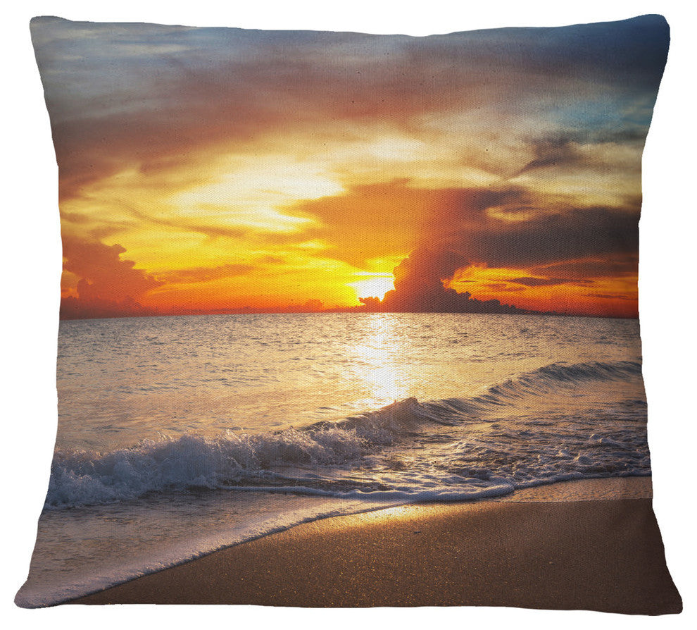 Yellow Sunset Through Dark Clouds Seashore Throw Pillow, 18"x18"