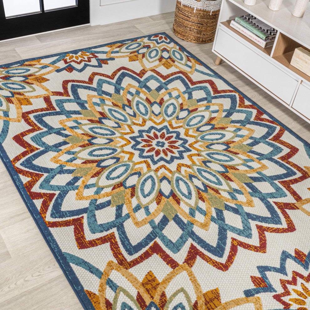 Flora Abstract Bold Mandala High-Low Indoor/Outdoor Area Rug, Red/Blue/Yellow