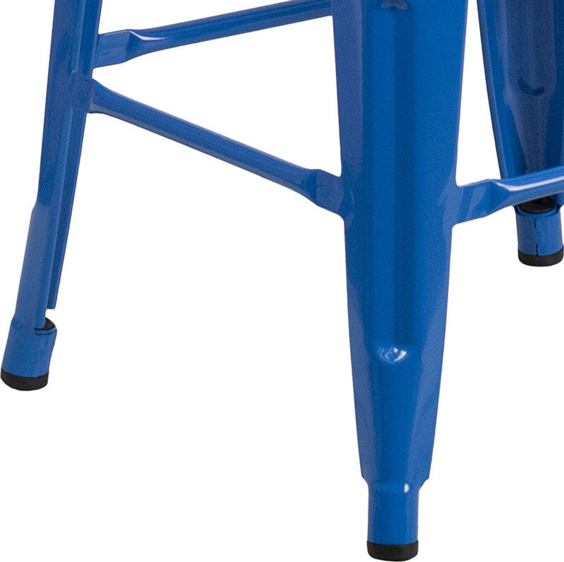 30" High Backless Blue Metal Barstool With Square Wood Seat