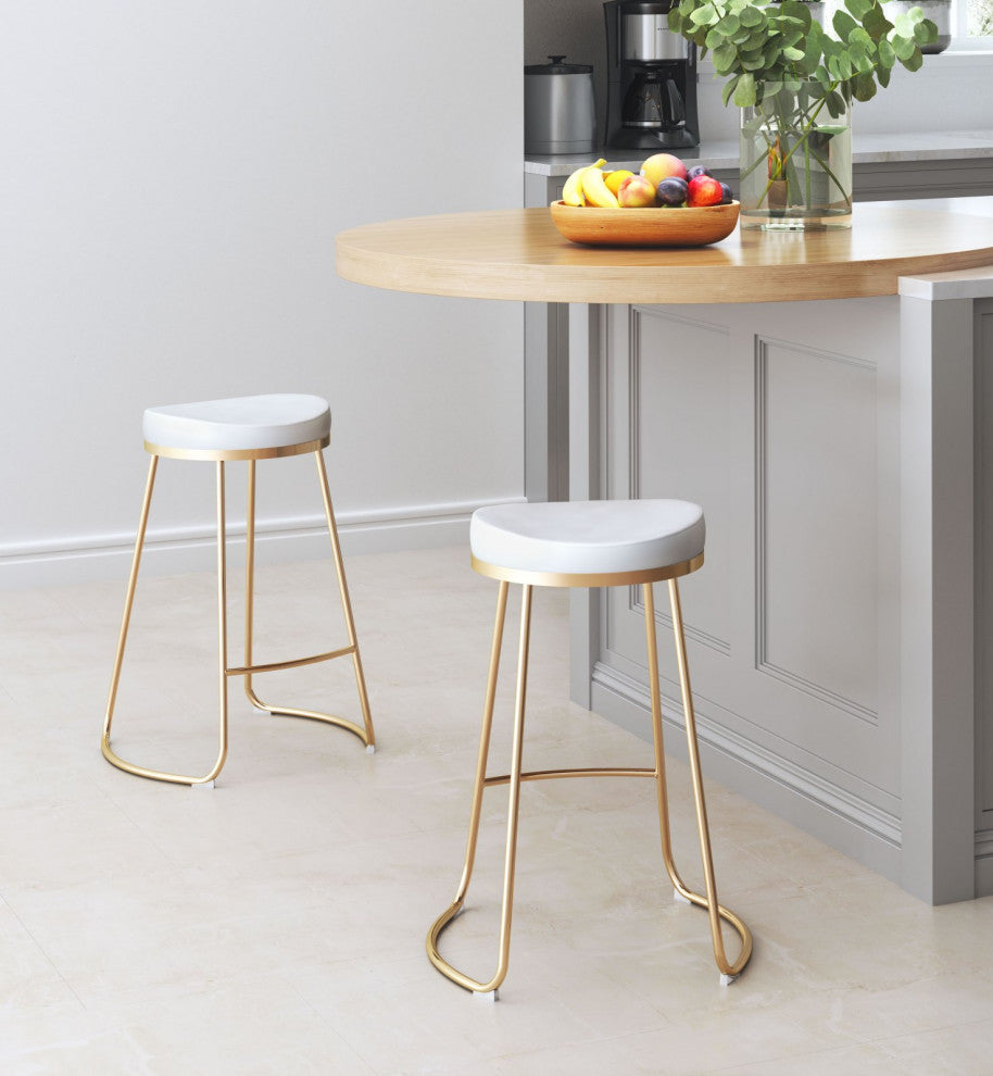 Counter Stool Chair, Set of 2, Faux Vinyl Leather, Steel, White, Gold, Cafe