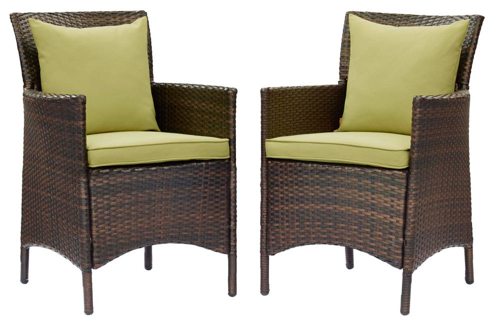 Side Dining Chair Armchair, Set of 2, Rattan, Wicker, Brown Green, Outdoor