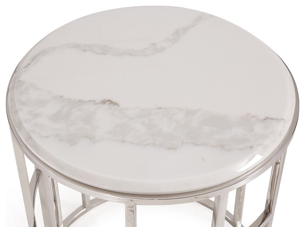 Stylish Silver And White Marble Round Geometric End or Side Table
