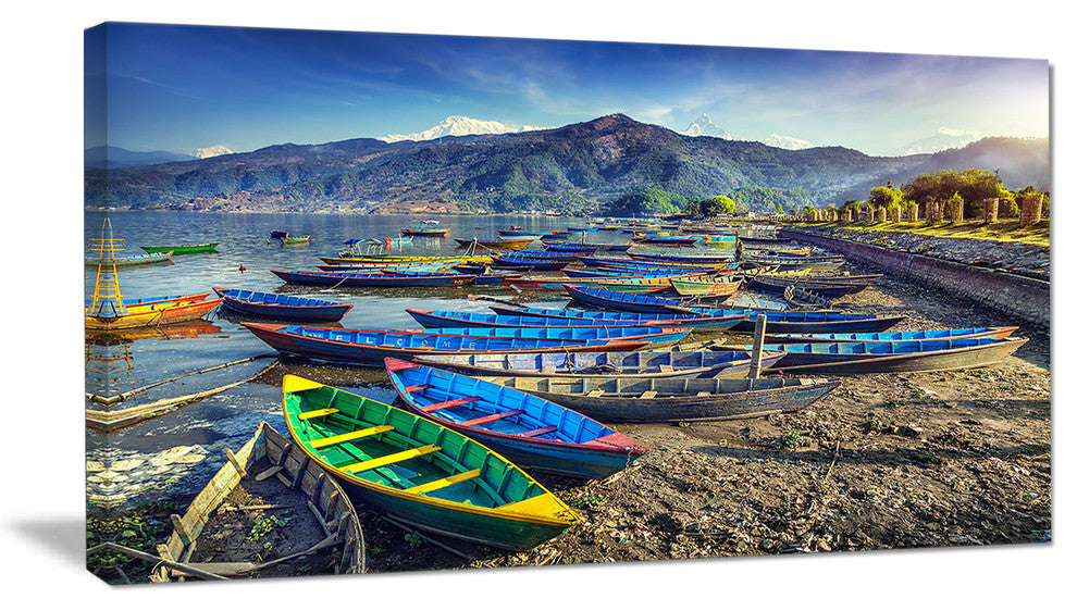 Colorful Boats in Pokhara Lake, Boat Canvas Art Print, 32"x16"