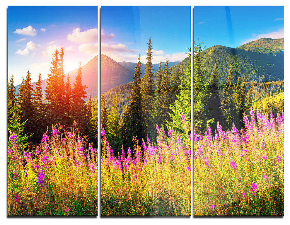 "Mountains With Pink Flowers" Metal Wall Art, 3 Panels, 36"x28"