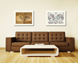 World Vintage Old Map Print On Canvas With Picture Frame 28" X 37"