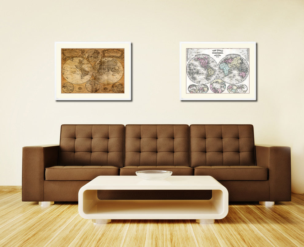 World Vintage Old Map Print On Canvas With Picture Frame 28" X 37"