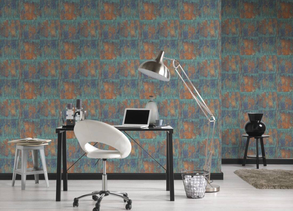 Textured Wallpaper Stone, Blue Bronze Brown Copper Metallic Turquoise, Sample