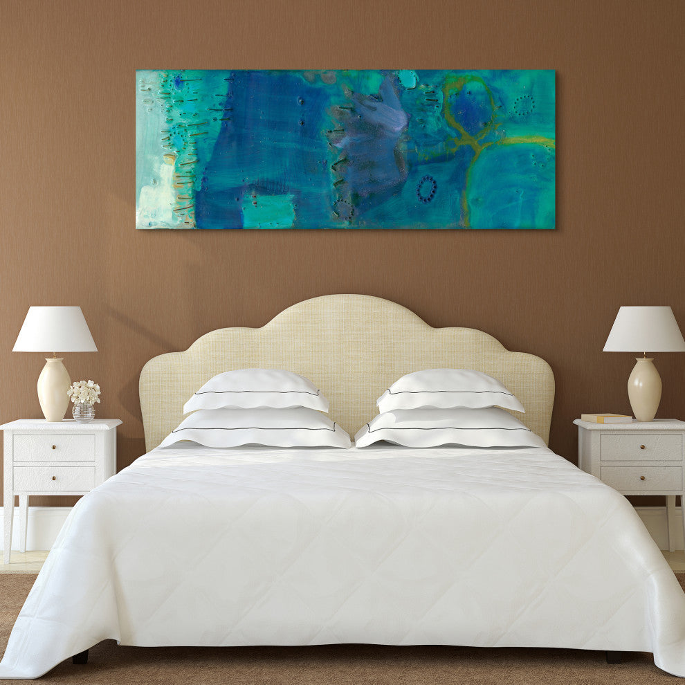 "Reedy Blue III" Abstract Wall Art Unframed Free Floating Tempered Glass 63x24