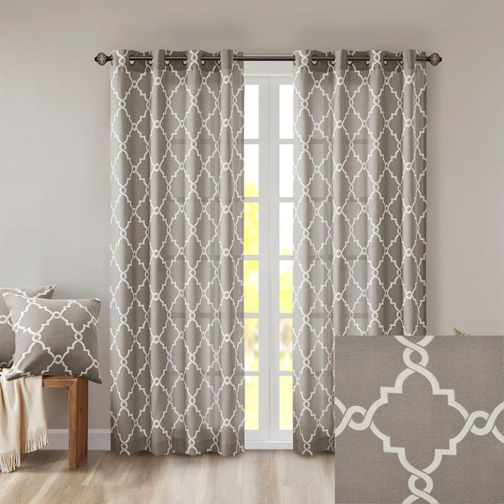 Madison Park Saratoga Fretwork Print Grommet Top Window Curtain Panel, Grey