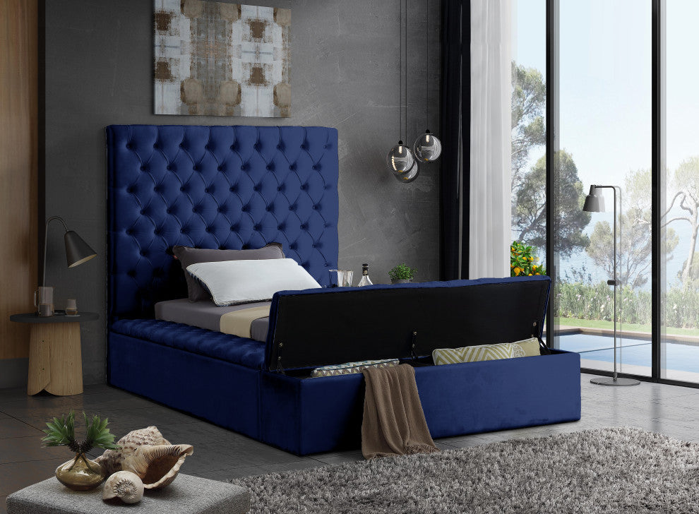Bliss Velvet Upholstered  Bed, Navy, Twin