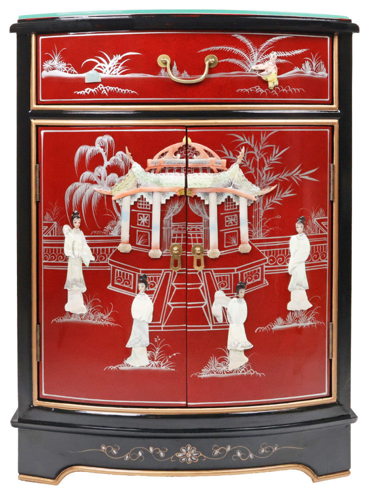 French Red Oriental Round Front Hall Cabinet