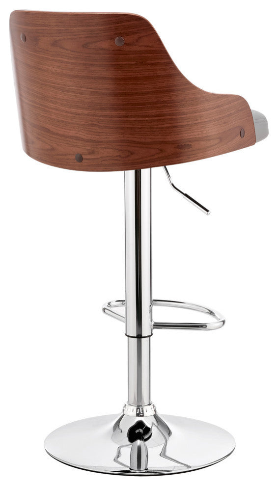 Asher Adjustable Faux Leather and Metal Bar Stool, Gray and Chrome