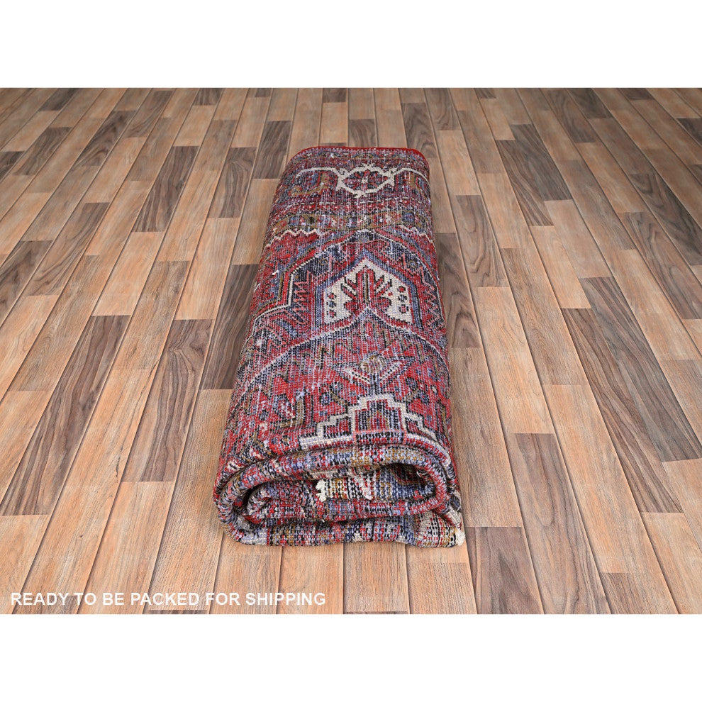 Carmine Red Vintage Persian Heriz Pure Wool Hand Knotted Oriental Rug 7'8"x11'