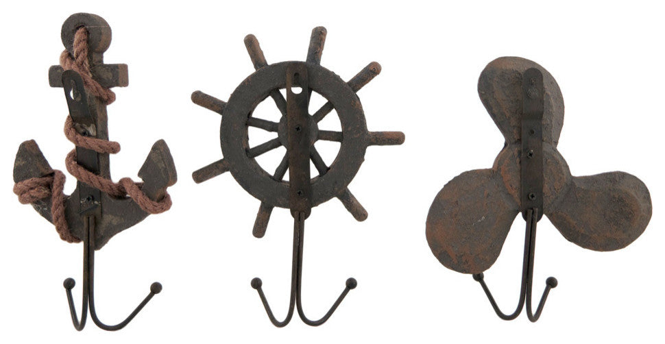 Set of 3 Weathered Finish Anchor Prop and Wheel Nautical Wall Hooks