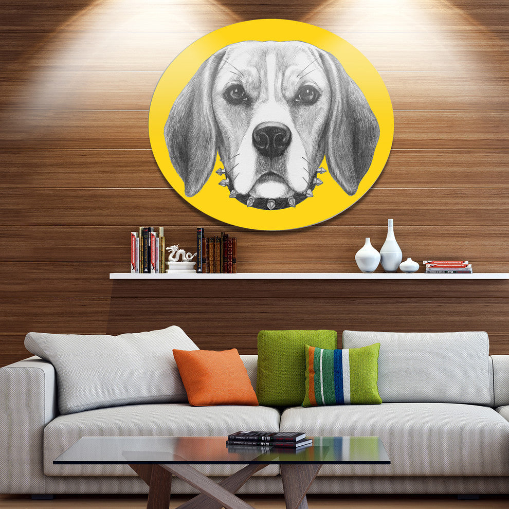 Funny Beagle Dog With Collar, Animal Large Disc Metal Wall Art, 11"