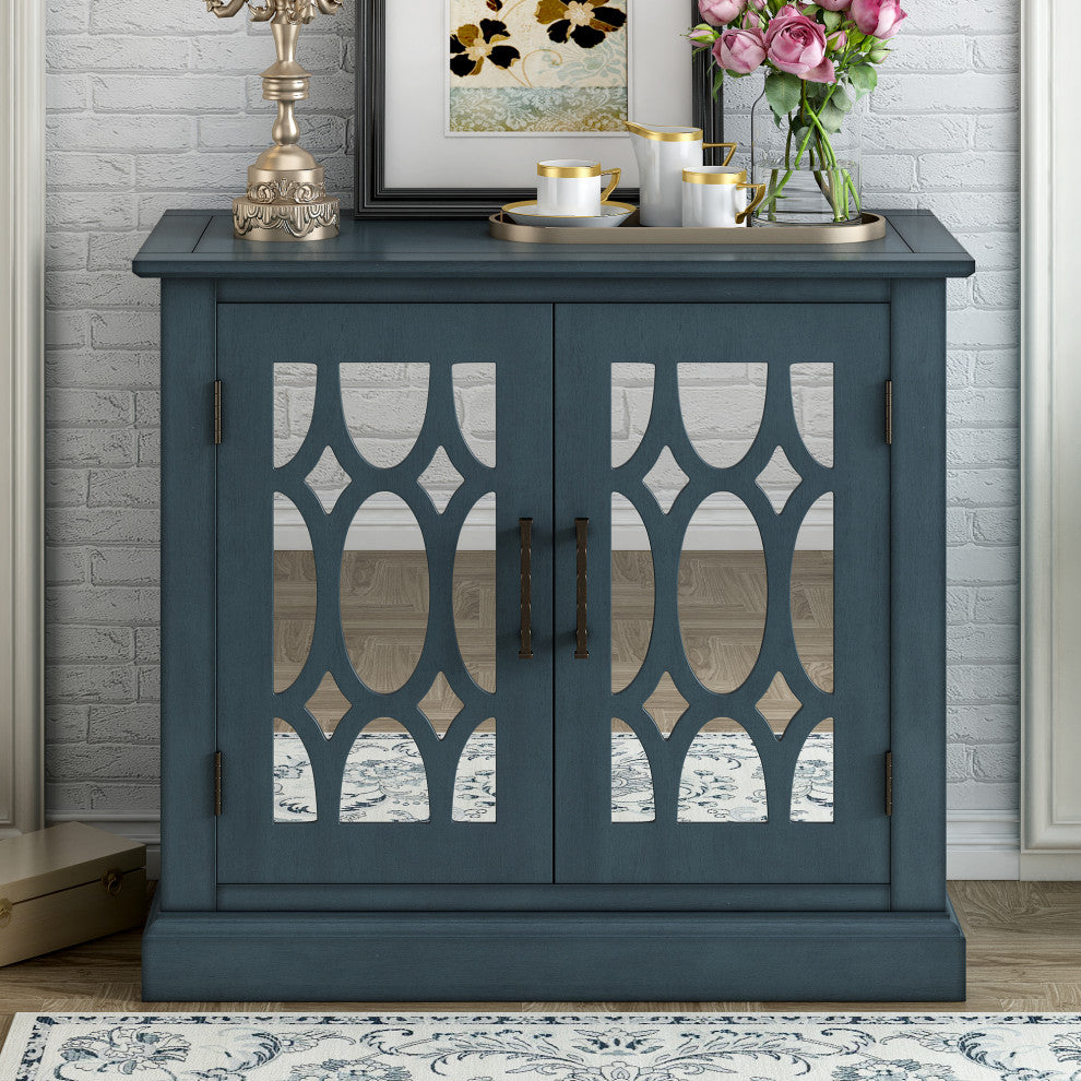 Wood Double Decorative Mirror Door Accent Cabinet, Blue, 30" X 14"