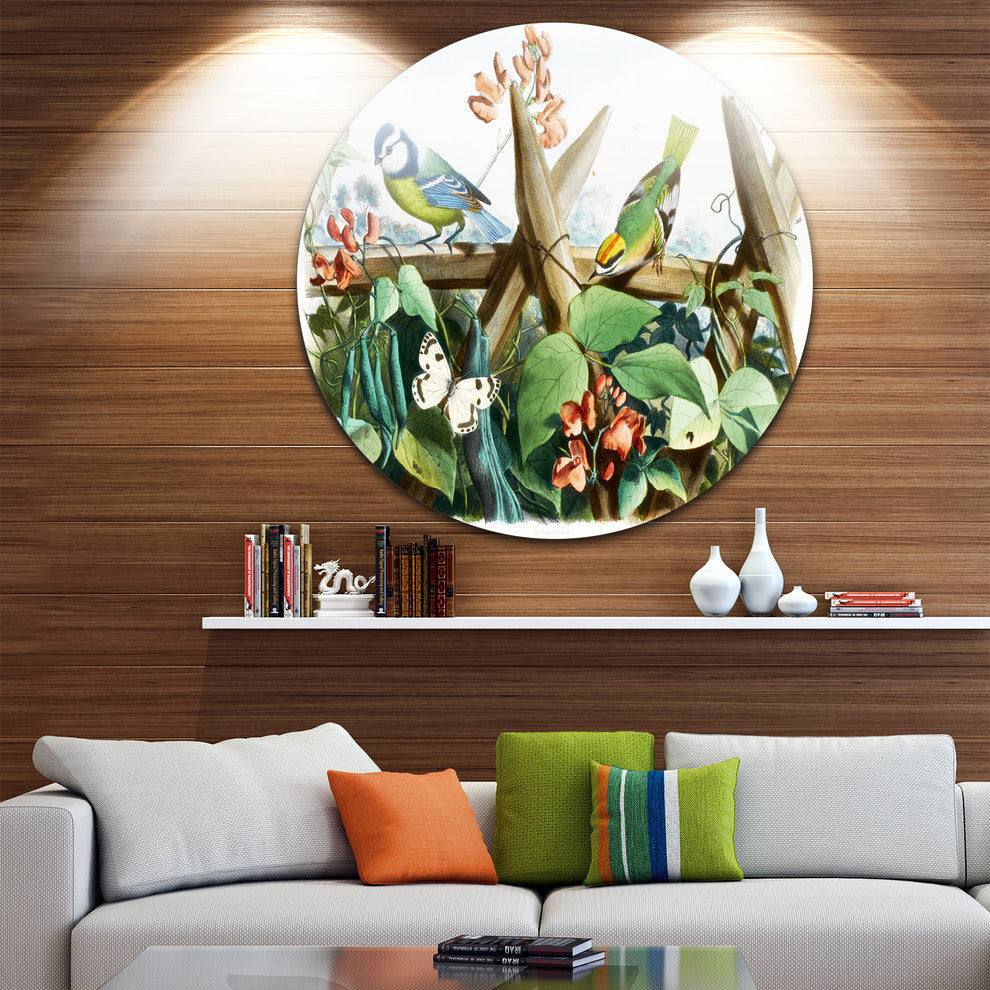 Colorful Birds Sitting On Branches, Animal Round Wall Art, 23"