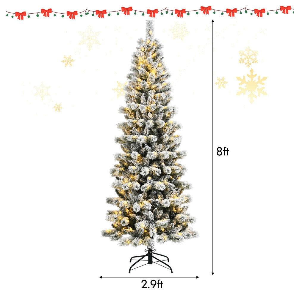 8FT Pre-Lit Hinged Christmas Tree Snow Flocked w/ 9 Modes Remote Control Lights