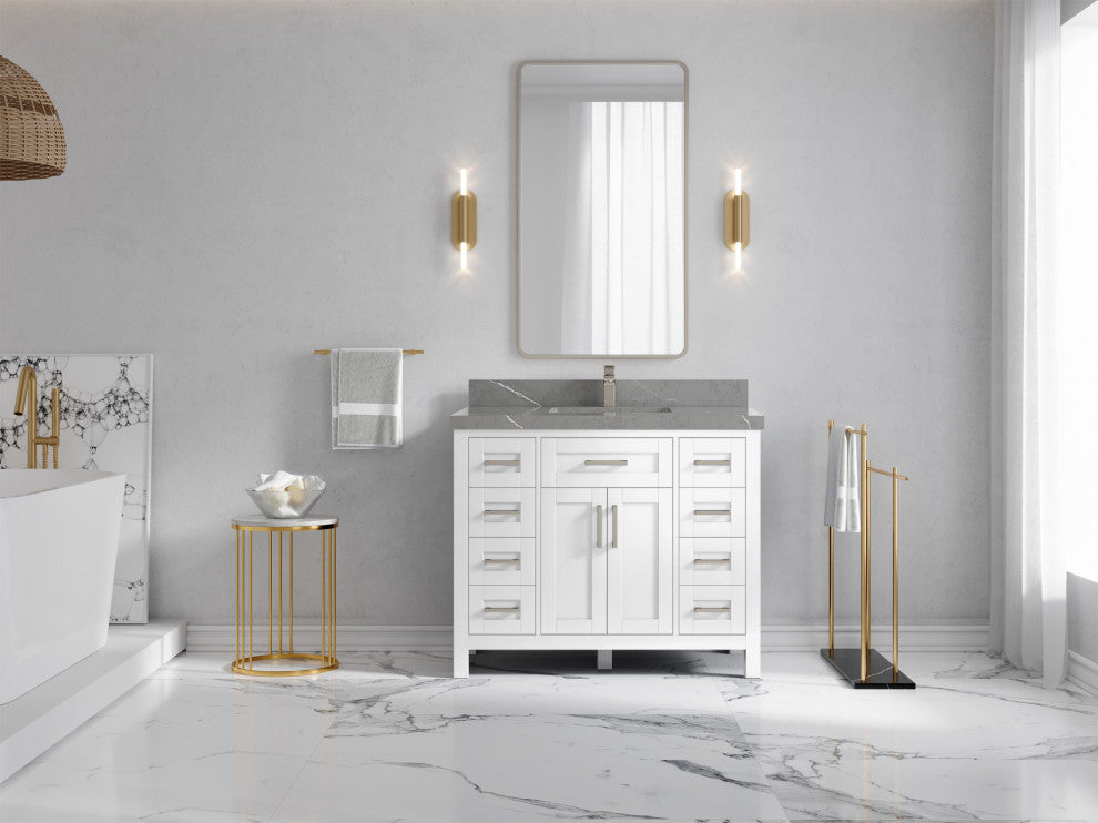 Cambridge 42 Single Sink Bath Vanity in White 2" Piatra Gray