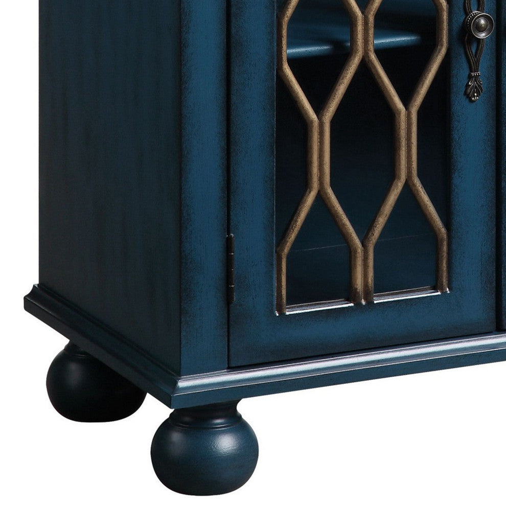 Benzara BM251333 Console Table With Trellis Pattern Door/1 Shelf, Antique Blue