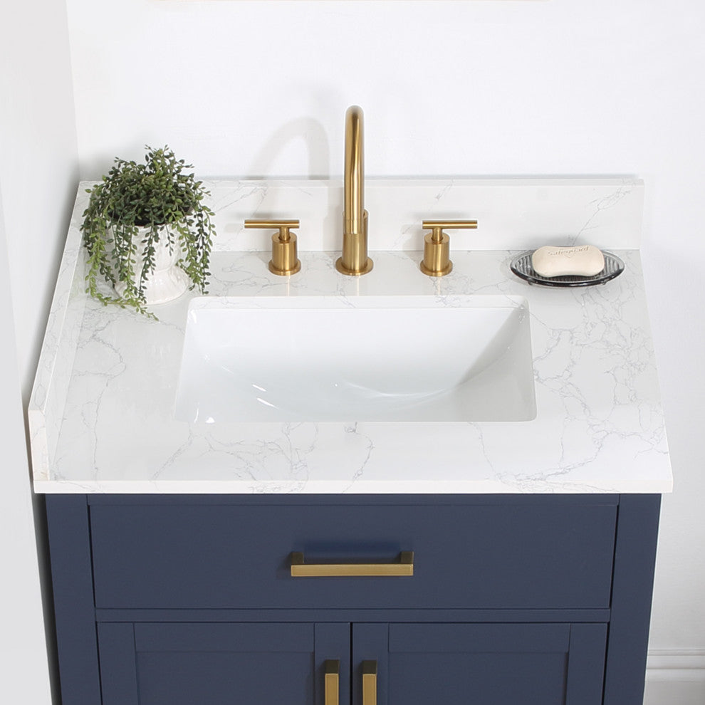 Gavino Vanity With Grain White Composite Stone Top, Royal Blue/Brushed Gold, 30", No Mirror
