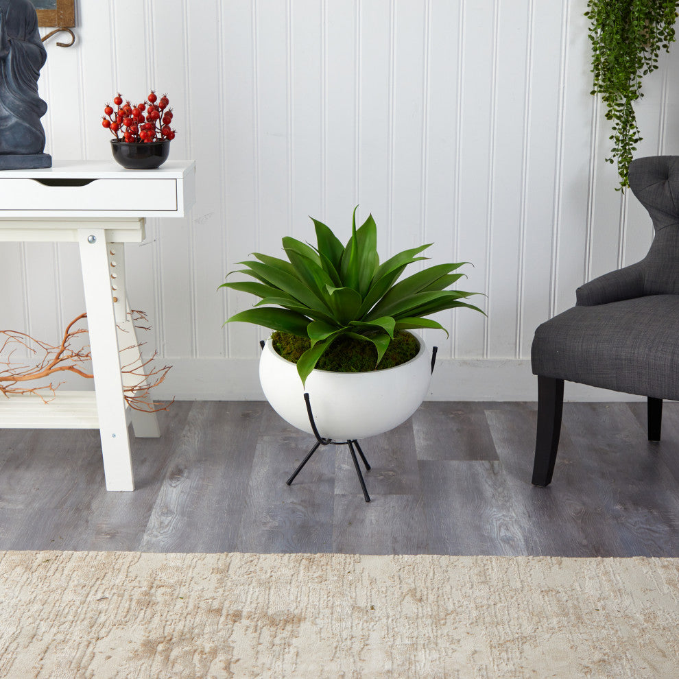 30" Agave Succulent Artificial Plant, White Planter With Metal Stand