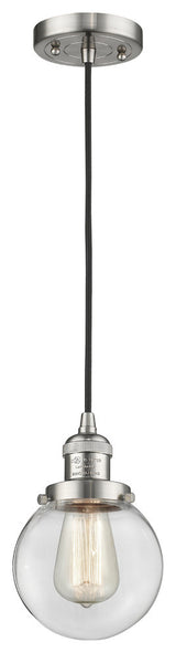1-Light Beacon 6" Mini Pendant, Brushed Satin Nickel, Glass: Clear