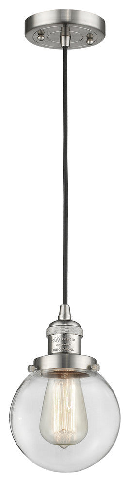 1-Light Beacon 6" Mini Pendant, Brushed Satin Nickel, Glass: Clear