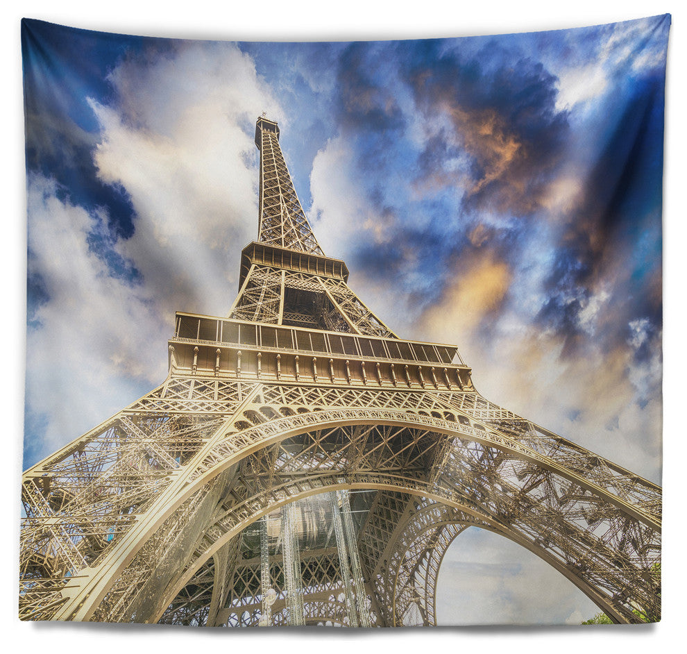 Dramatic Sky over Ground View of Paris Paris Eiffel Tower Wall Tapestry, 80"x68"