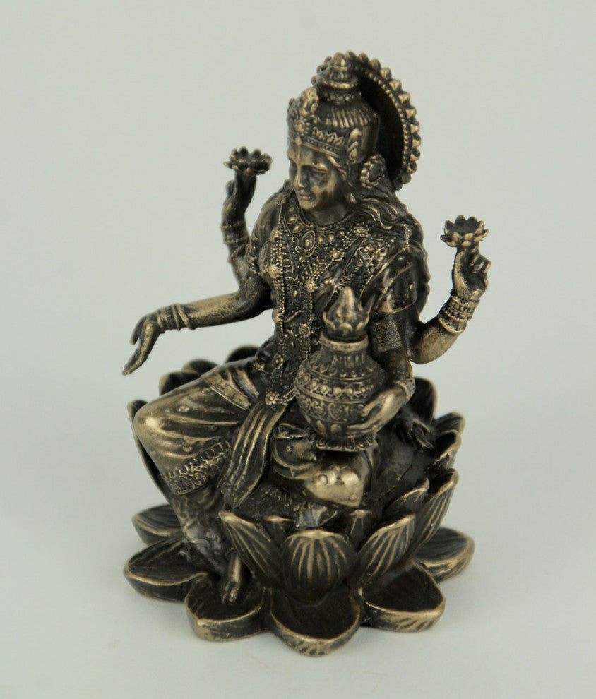 Bronze Finish Lakshmi Hindu Goddess On Lotus Figurine
