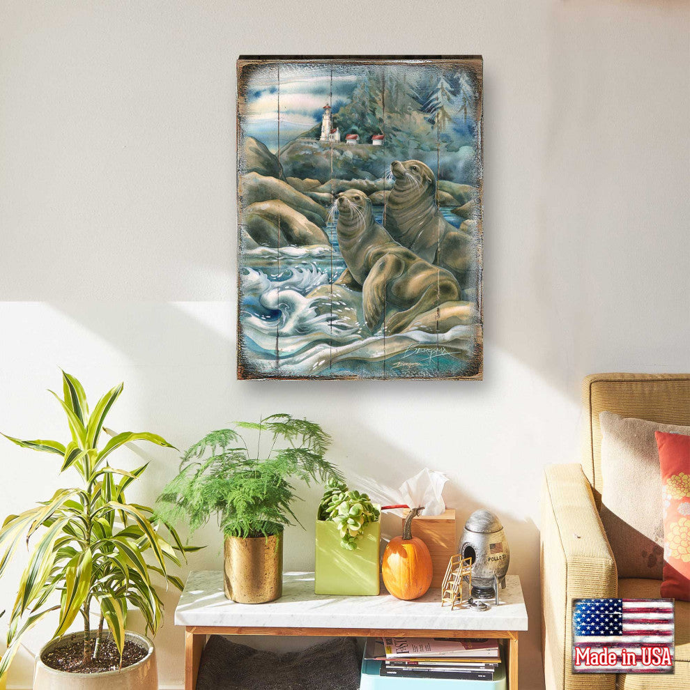 Lions of the Sea Lighthouse Caves Wooden Wall Art, Oversized 48x36