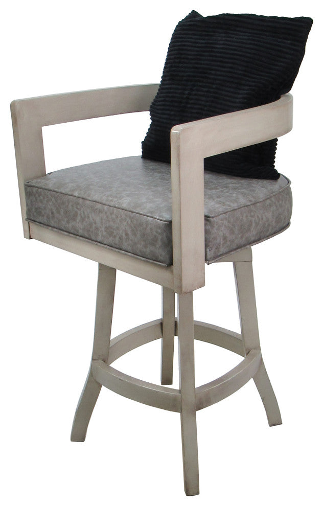 Swivel Wood Bar Stool Kadir Pillow on S-Base, Marble Gray Vinyl - Black Pillow - Beige, 34"