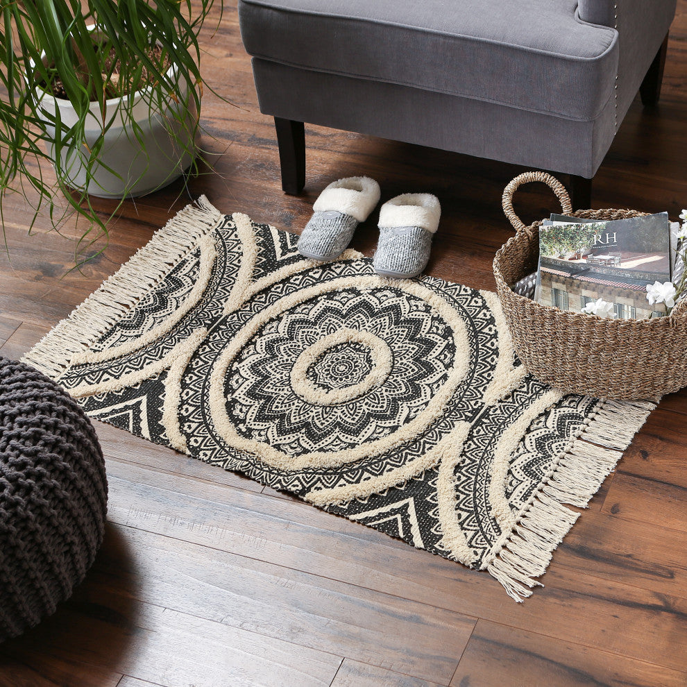Black Printed Natural Hand-Loomed Shag Rug 2x3 ft.
