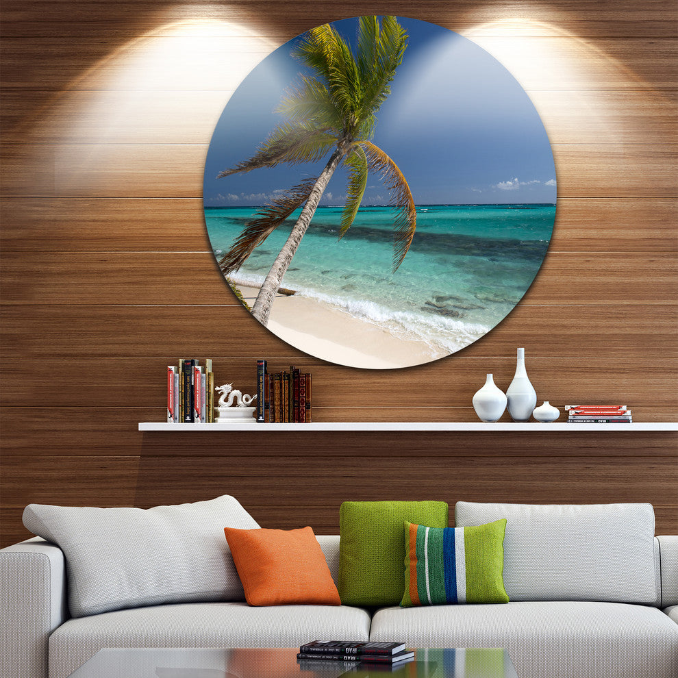 Palm Bent To Picturesque Seashore, Modern Seascape Round Wall Art, 36"