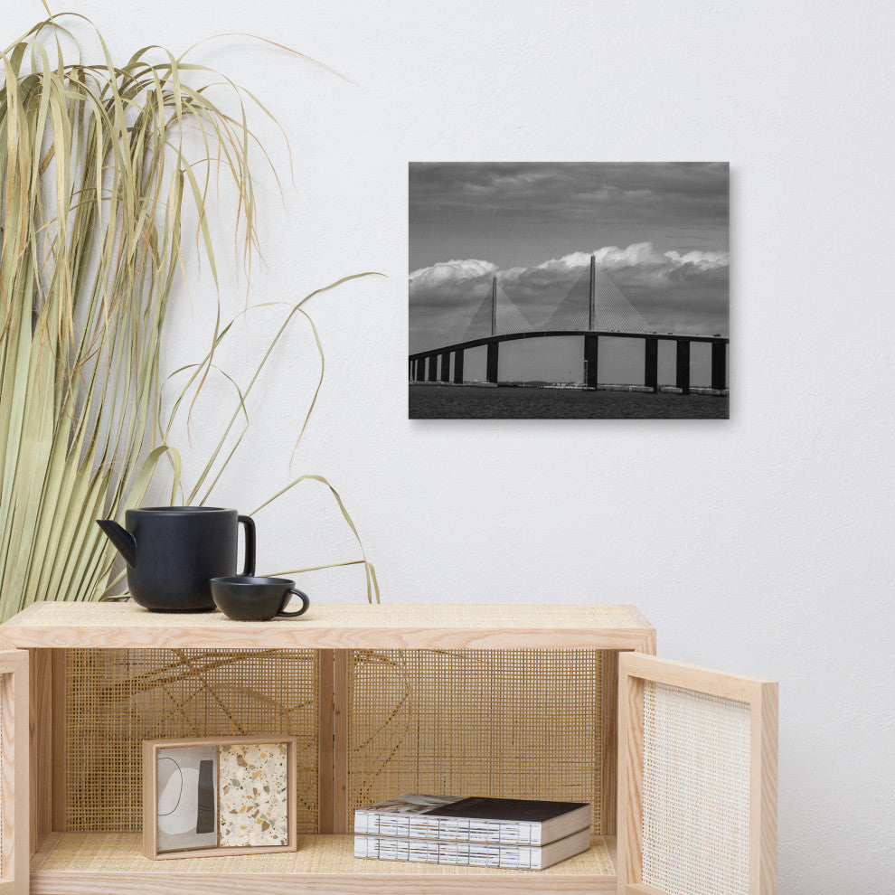 Skyway Bridge Black & White Landscape Photo Canvas Wall Art Print, 16" X 20"