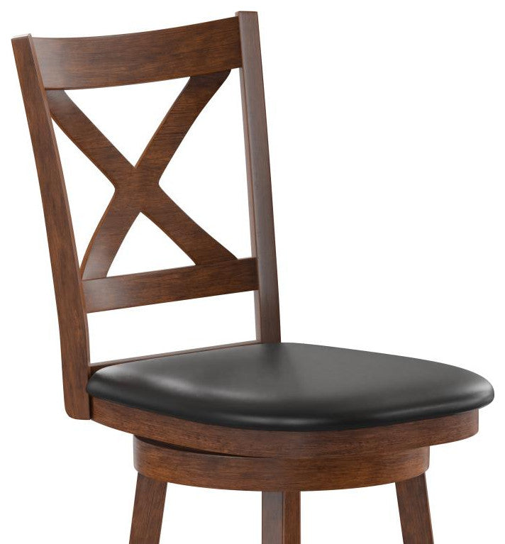 Felicity Wood Crossback Swivel Counter Height Barstool with Upholstered Seat, Black Vinyl/Antique Oak Frame