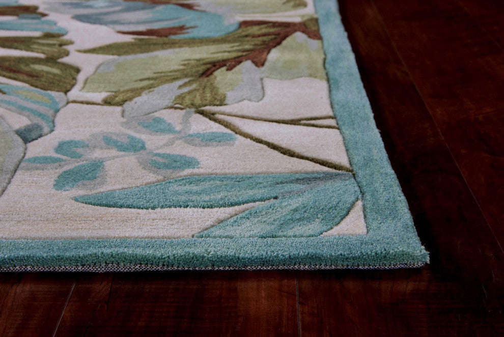 HomeRoots 3'x5' Ivory Teal Hand Tufted Tropical Leaves Round Indoor Area Rug