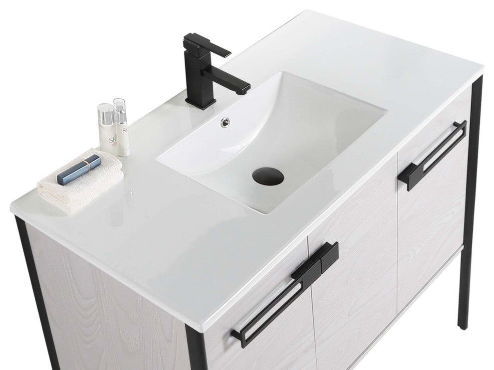 Oakville Bath Vanity, Ceramic Sink, Mild Grey Oak, 42 Inch, Black Hardware