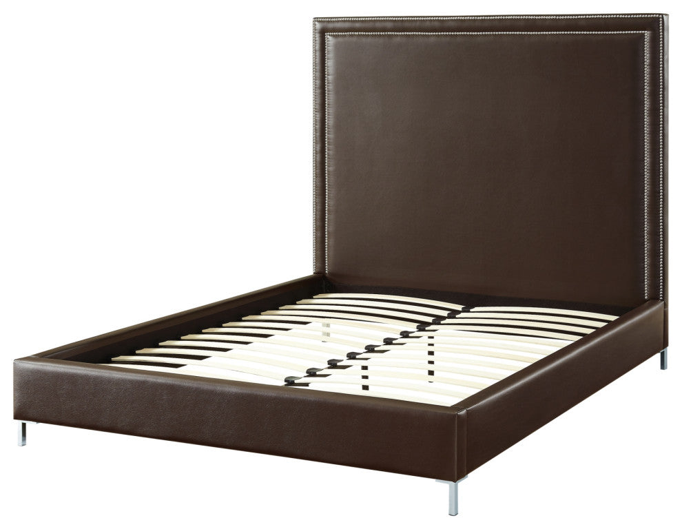 Giovanna Nailhead Trim Platform Bed, Espresso Leather Pu, King
