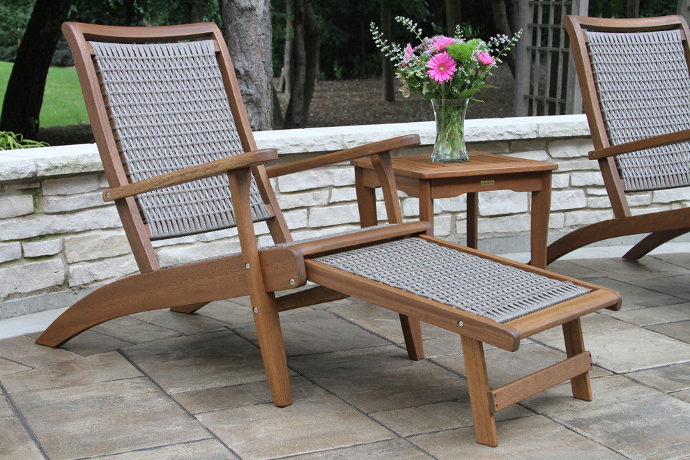 Gray Wicker and Eucalyptus Lounger With Built-In Ottoman