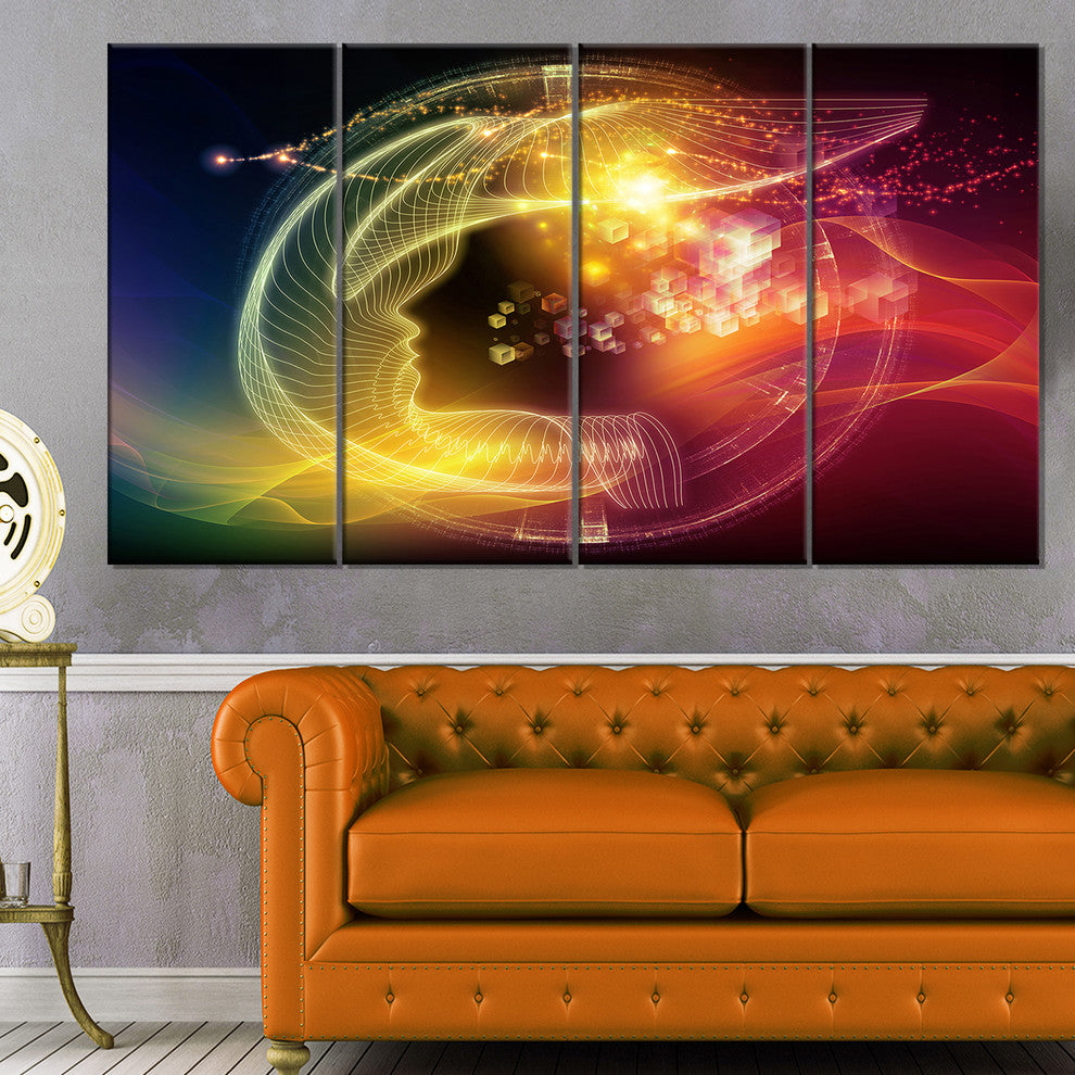Illuminating Human Head Fractal, Abstract Canvas Art Print, 48"x28", 4 Panels