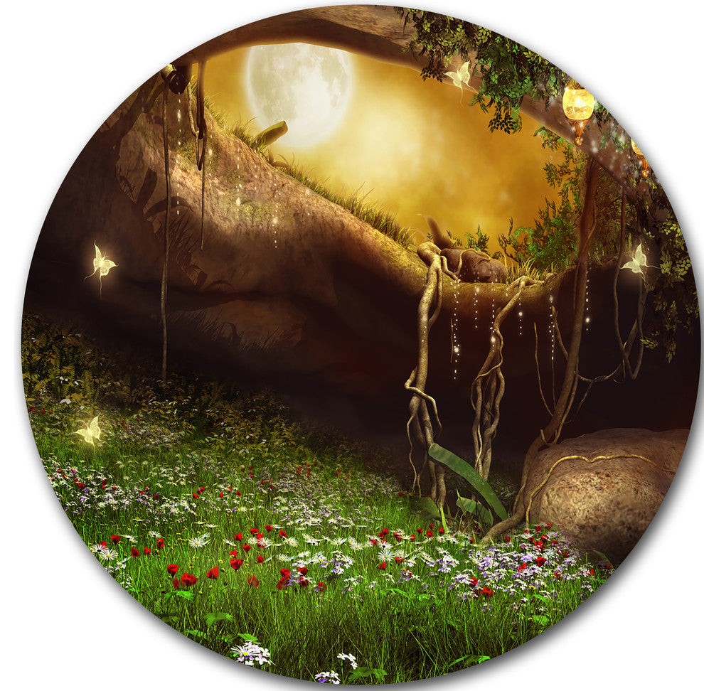 Enchanted Cave With Flowers, Landscape Digital Disc Metal Artwork, 11"