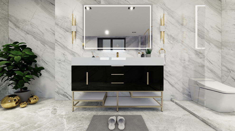 Madison 60" Free Standing Single Sink Vanity with Reinforced Acrylic Sink, High Gloss Black