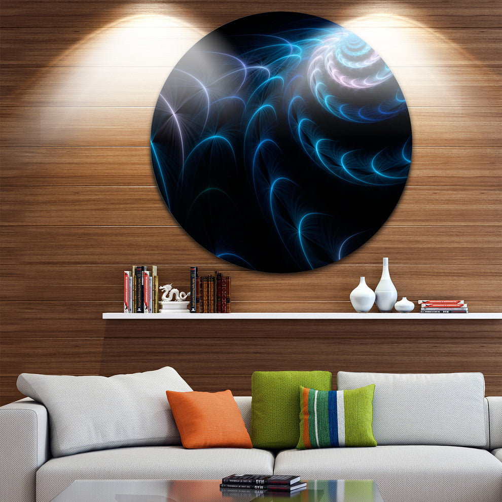 Blue Fractal Flower In Dark, Floral Abstract Art Round Wall Art, 11"
